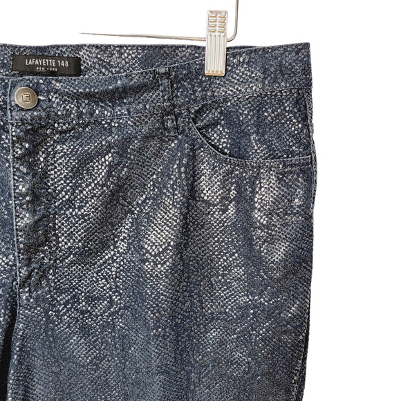 Lafayette 148 New York Navy Coated Metallic Snake Embossed Straight Jeans - 14 - Picture 5 of 7